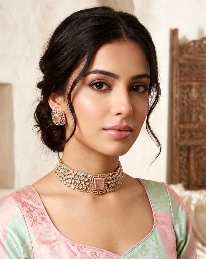 SHAZA mint pink kundan choker set in matt gold polish ,cz Indian Pakistani wedding and festive jewelry
