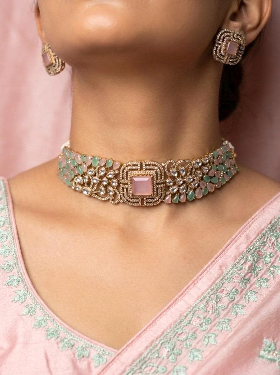 SHAZA mint pink kundan choker set in matt gold polish ,cz Indian Pakistani wedding and festive jewelry
