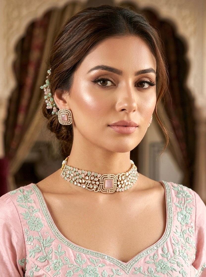 SHAZA mint pink kundan choker set in matt gold polish ,cz Indian Pakistani wedding and festive jewelry