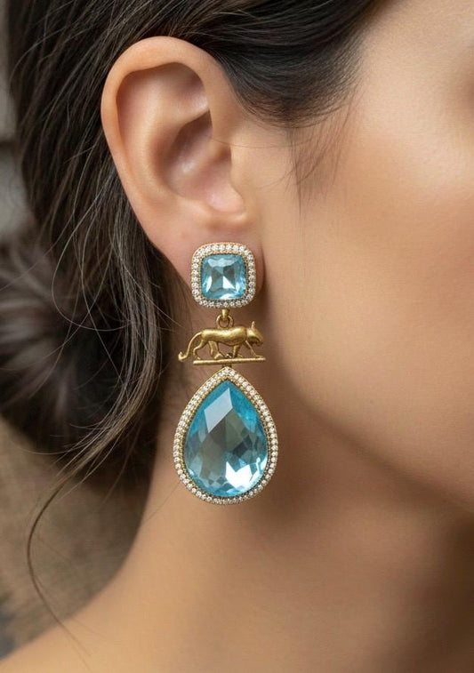 IZRA Sabyasachi inspired aqua/sky blue earrings in antique matt gold finish, Indian fusion earrings in aqua colour, indo western jewelry