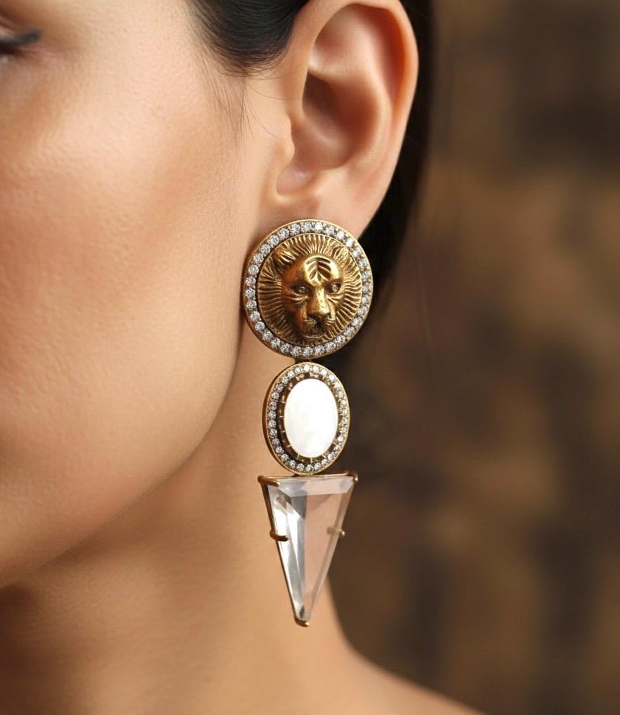 CLEO Sabyasachi inspired white clear stones  earrings in antique matt gold finish and mother of pearl , Indian fusion earrings,