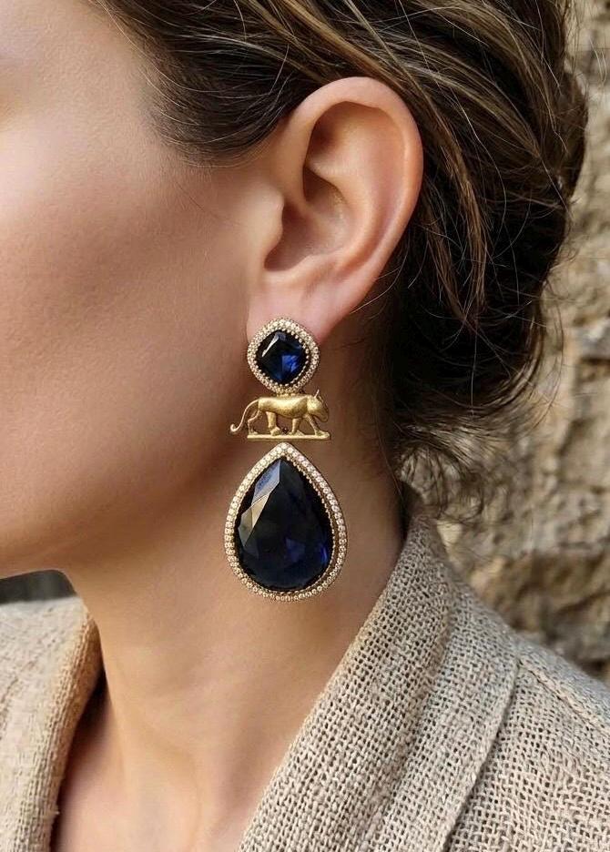 IZRA Sabyasachi inspired navy blue earrings in antique matt gold finish, Indian fusion earrings in navy blue colour, indo western jewelry