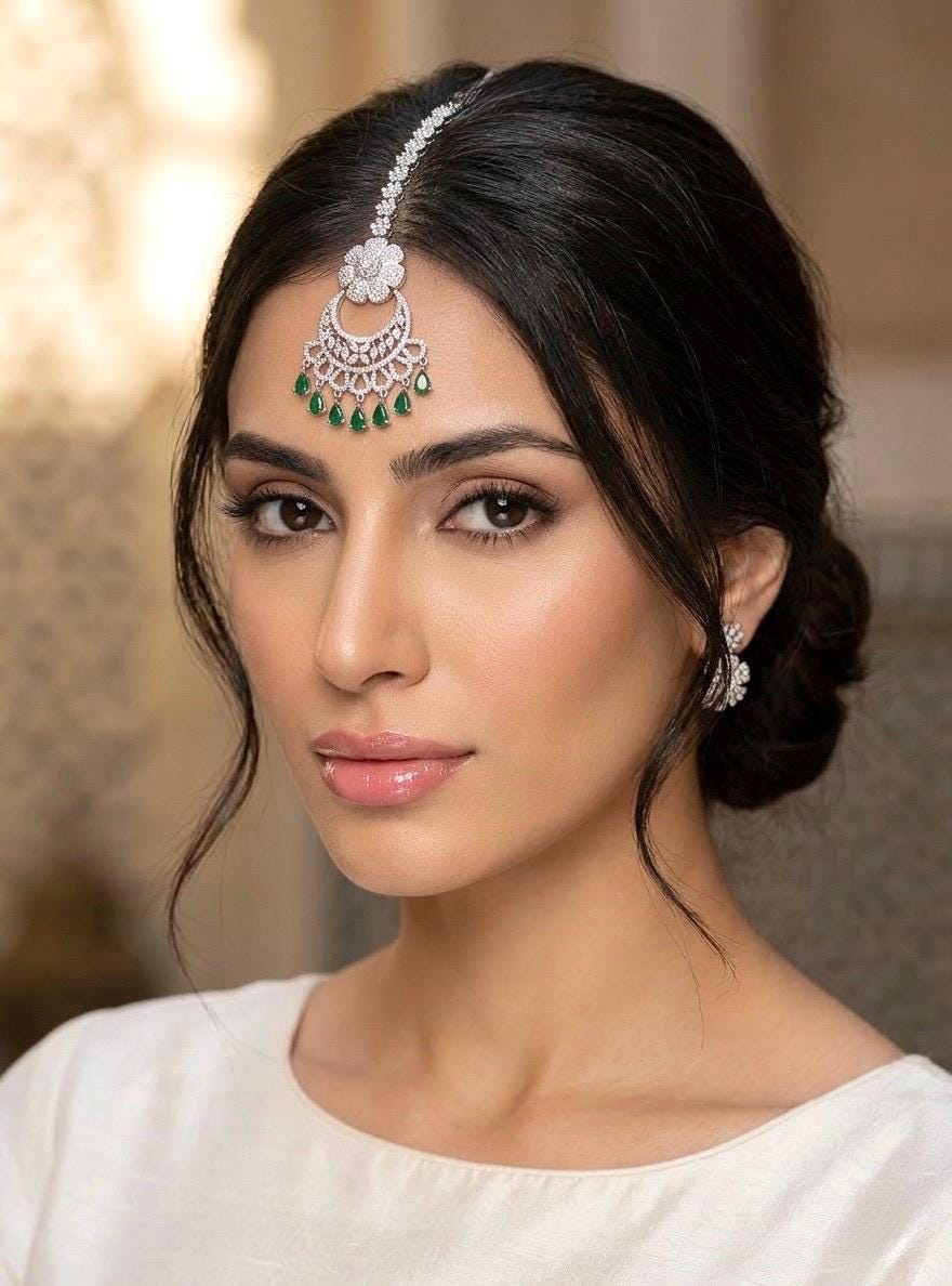 ISHA Diamond look silver finish green colour maangtika  Indian Jewellery Pakistani Wedding Bridal CZ  maang tikka green colour maangteeka