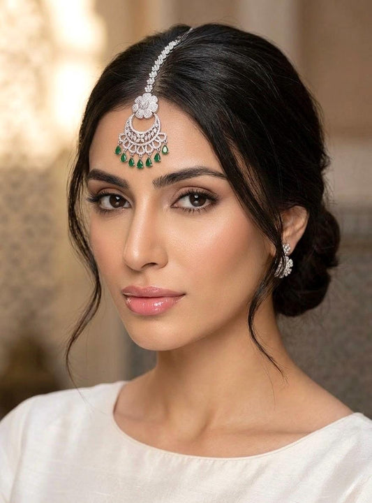 ISHA Diamond look silver finish green colour maangtika  Indian Jewellery Pakistani Wedding Bridal CZ  maang tikka green colour maangteeka