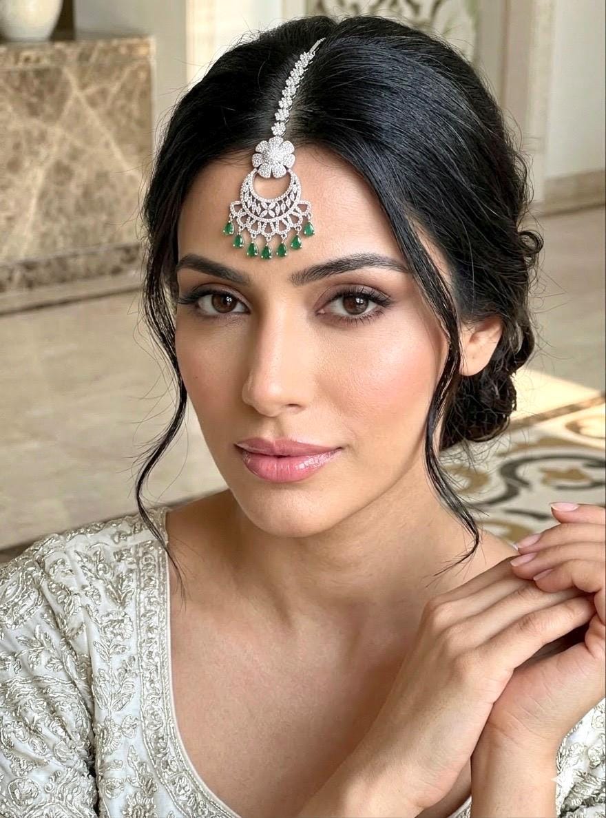 ISHA Diamond look silver finish green colour maangtika  Indian Jewellery Pakistani Wedding Bridal CZ  maang tikka green colour maangteeka