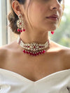 PRISHA Ruby red choker set in golden polish ,Indian Pakistani kundan and moissanite replica festive jewelry