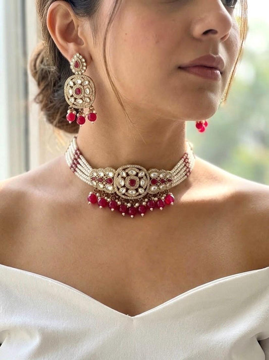 PRISHA Ruby red choker set in golden polish ,Indian Pakistani kundan and moissanite replica festive jewelry