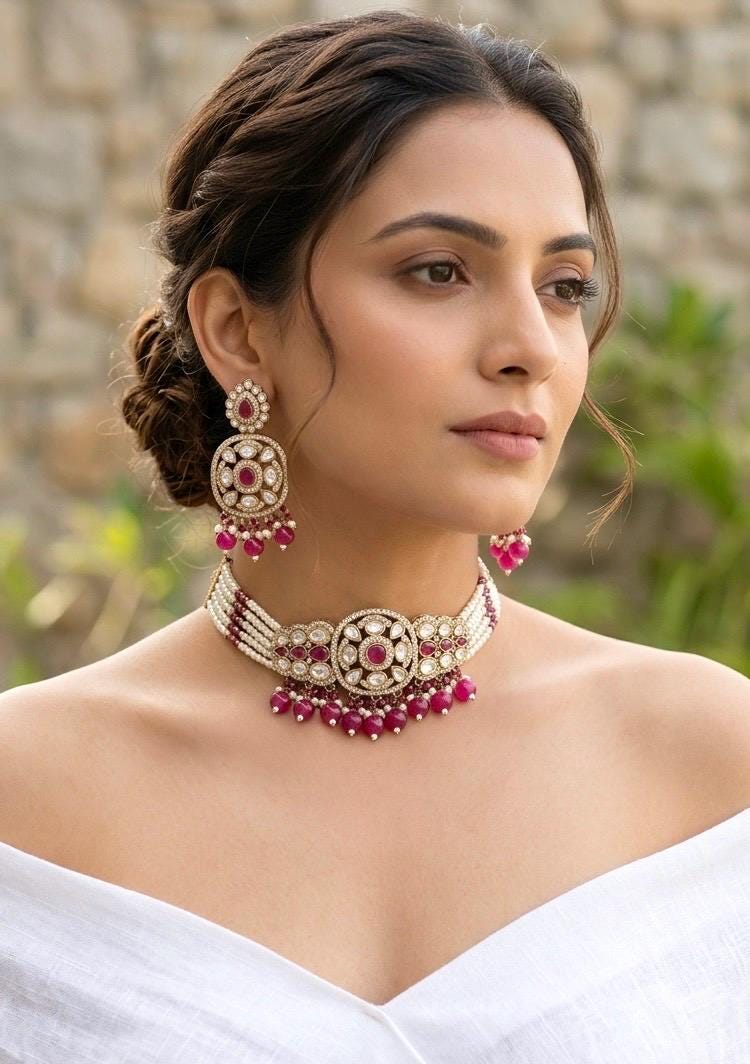 PRISHA Ruby red choker set in golden polish ,Indian Pakistani kundan and moissanite replica festive jewelry