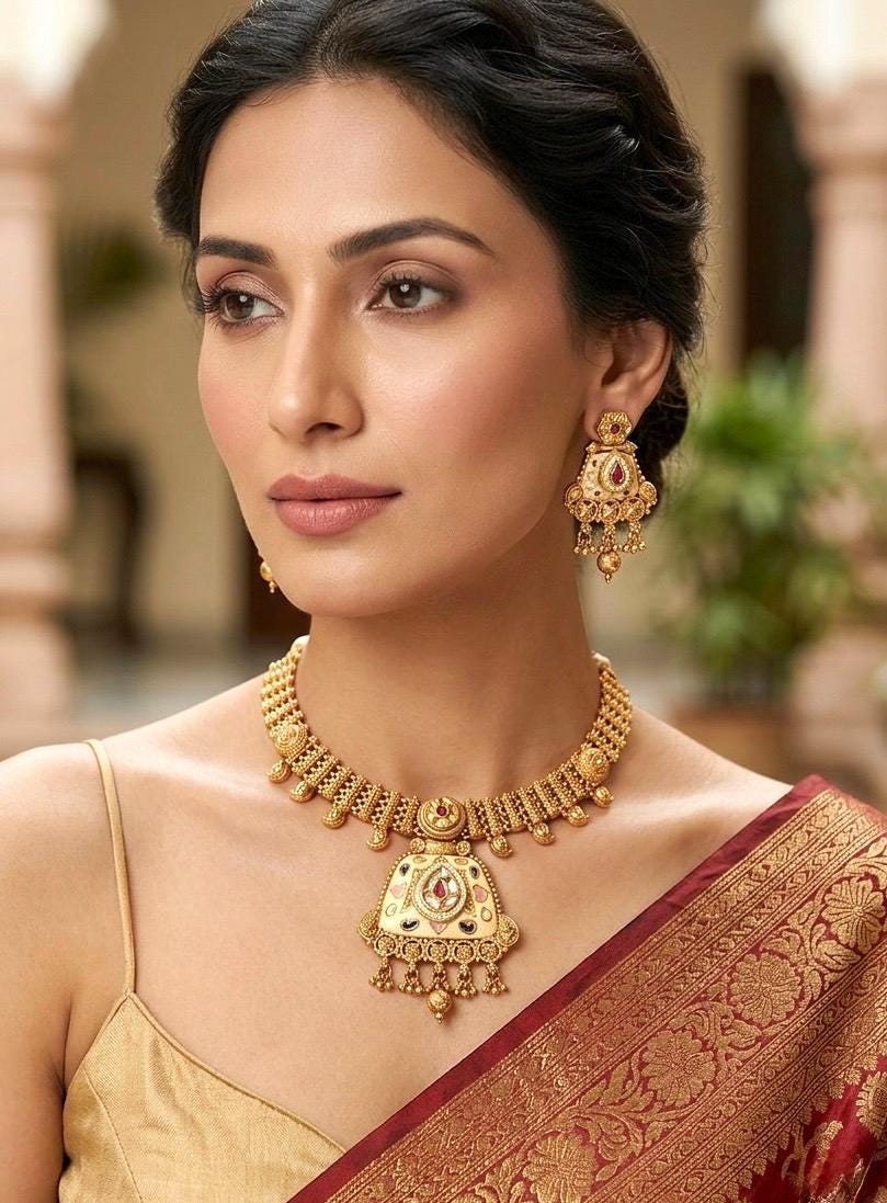 VAMIKA Gold tone Rajwadi jewellery South Indian jewelry,meenakari necklace earrings, Indian ruby stones golden jewelry, kempu temple jewelry