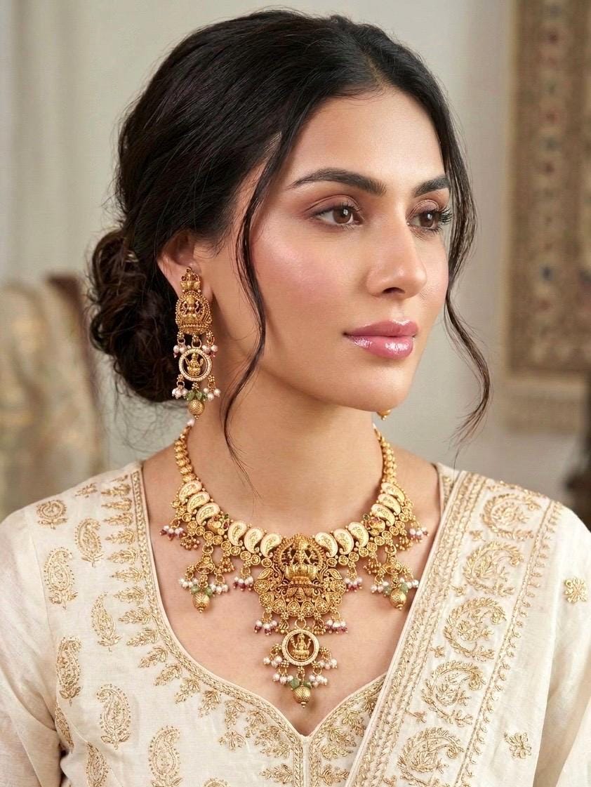 RAMAA Gold tone Rajwadi jewellery South Indian jewelry, necklace earrings, Indian golden jewelry,kempu,Goddess Lakshmi temple jewelry