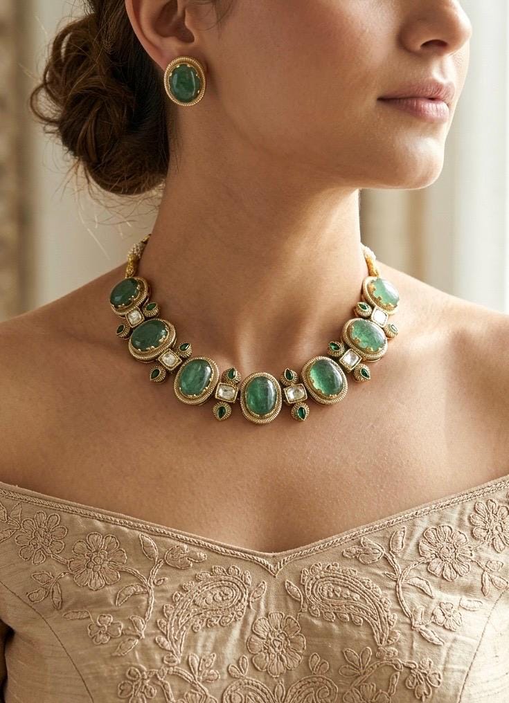 AZA Sabyasachi inspired sage green cabochon natural gemstones necklace with studs, Indian traditional jewelry,