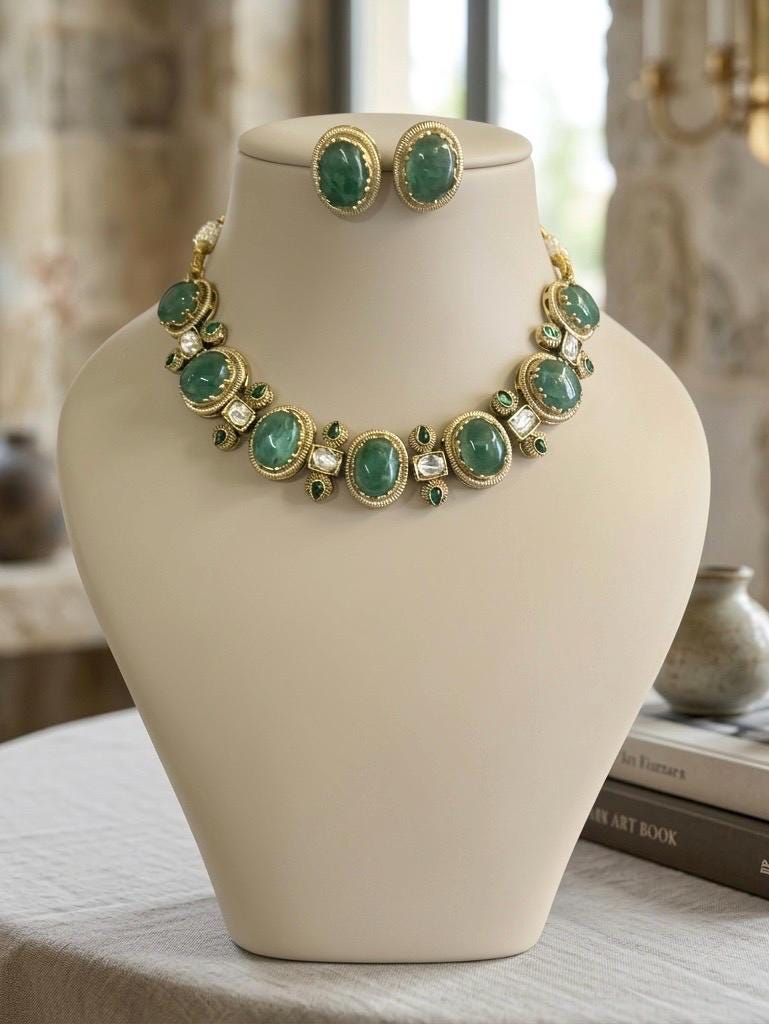 AZA Sabyasachi inspired sage green cabochon natural gemstones necklace with studs, Indian traditional jewelry,