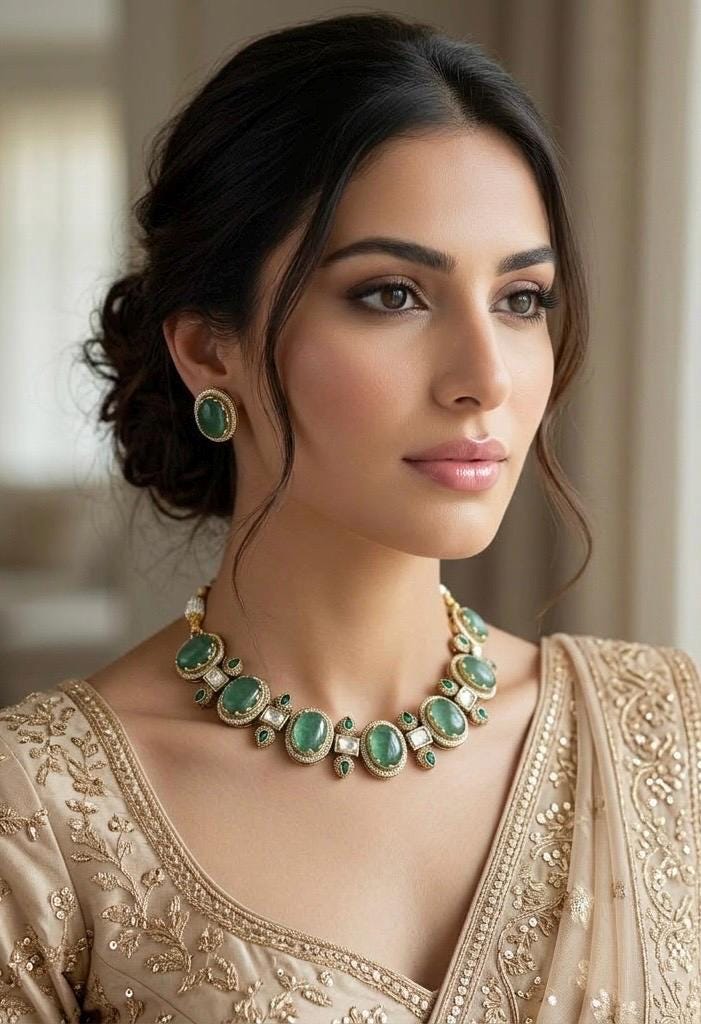 AZA Sabyasachi inspired sage green cabochon natural gemstones necklace with studs, Indian traditional jewelry,