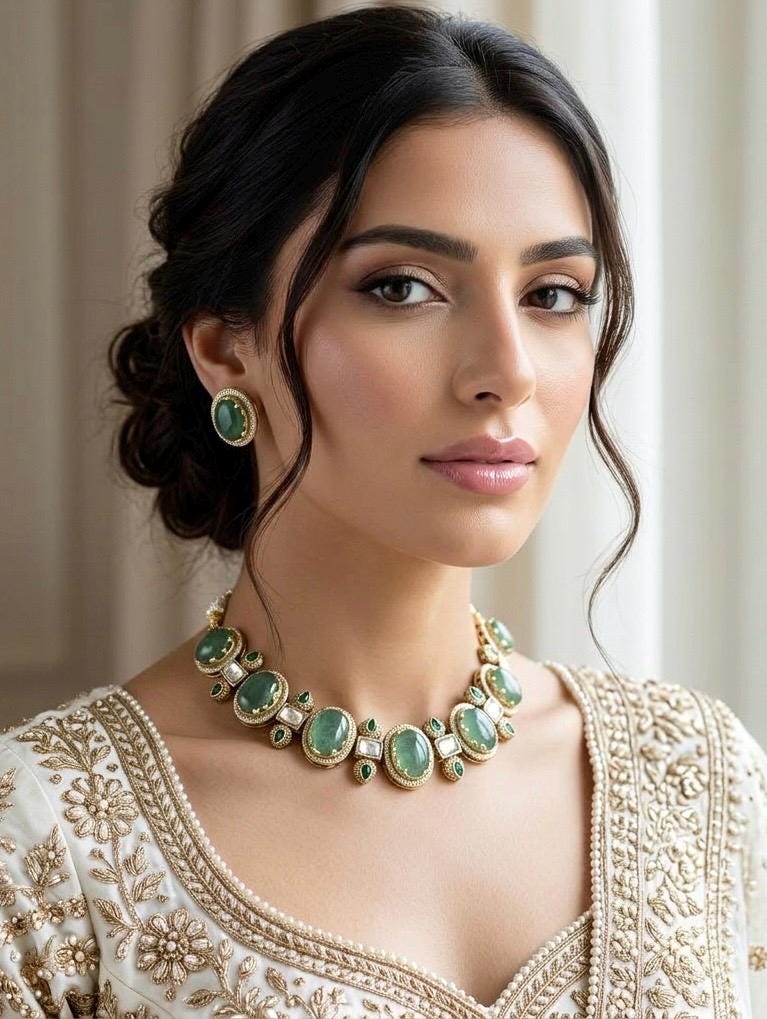 AZA Sabyasachi inspired sage green cabochon natural gemstones necklace with studs, Indian traditional jewelry,