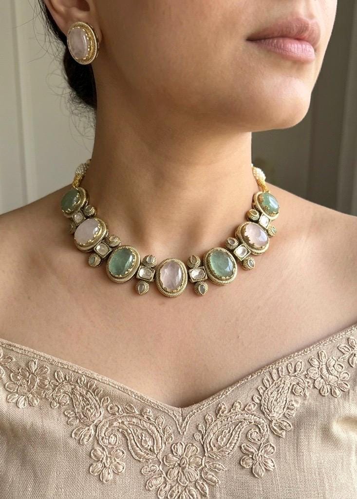 AZA Sabyasachi inspired rose quartz and pale green cabochon natural gemstones necklace with studs, Indian traditional jewelry,