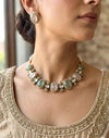 AZA Sabyasachi inspired rose quartz and pale green cabochon natural gemstones necklace with studs, Indian traditional jewelry,