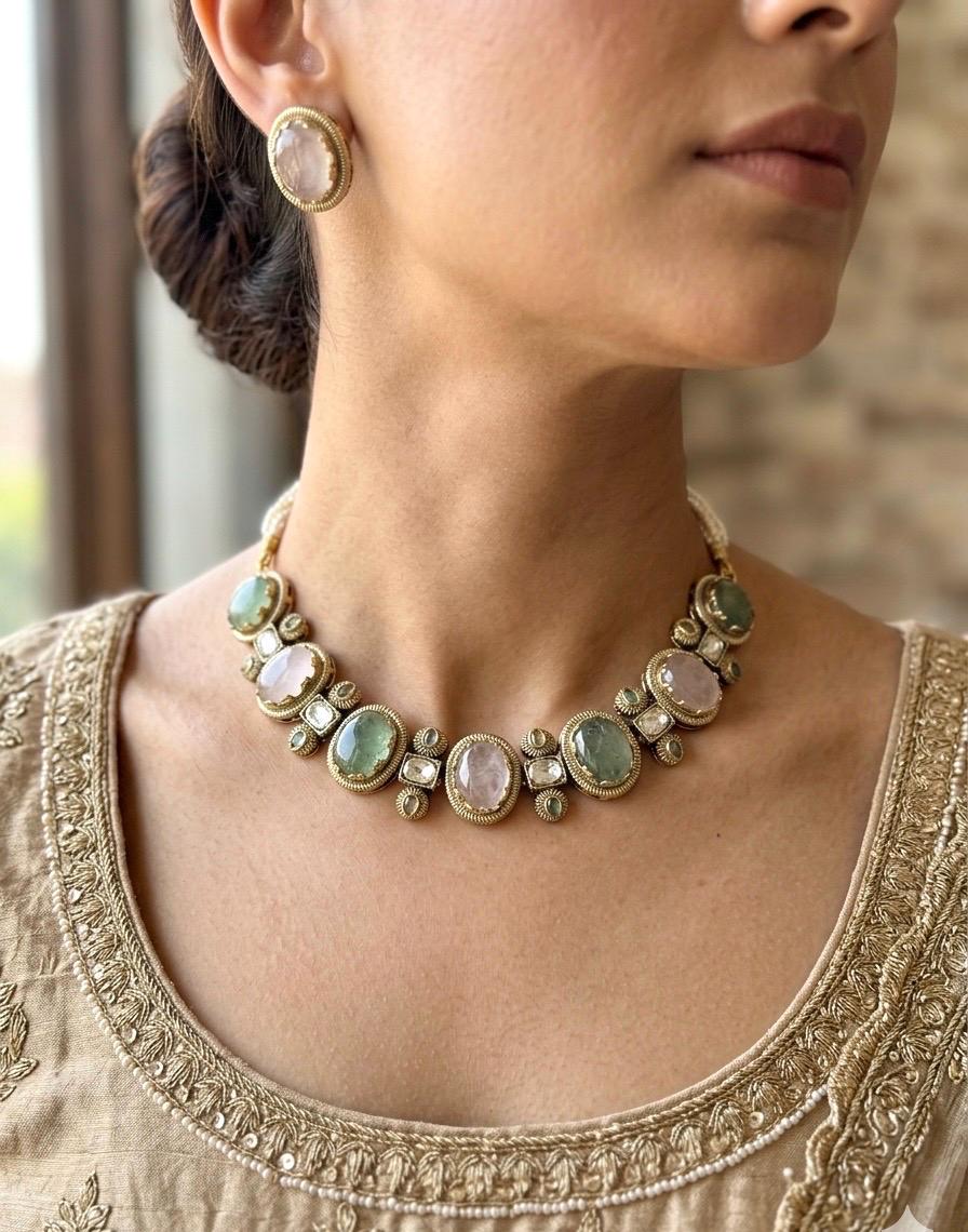 AZA Sabyasachi inspired rose quartz and pale green cabochon natural gemstones necklace with studs, Indian traditional jewelry,