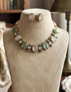 AZA Sabyasachi inspired rose quartz and pale green cabochon natural gemstones necklace with studs, Indian traditional jewelry,