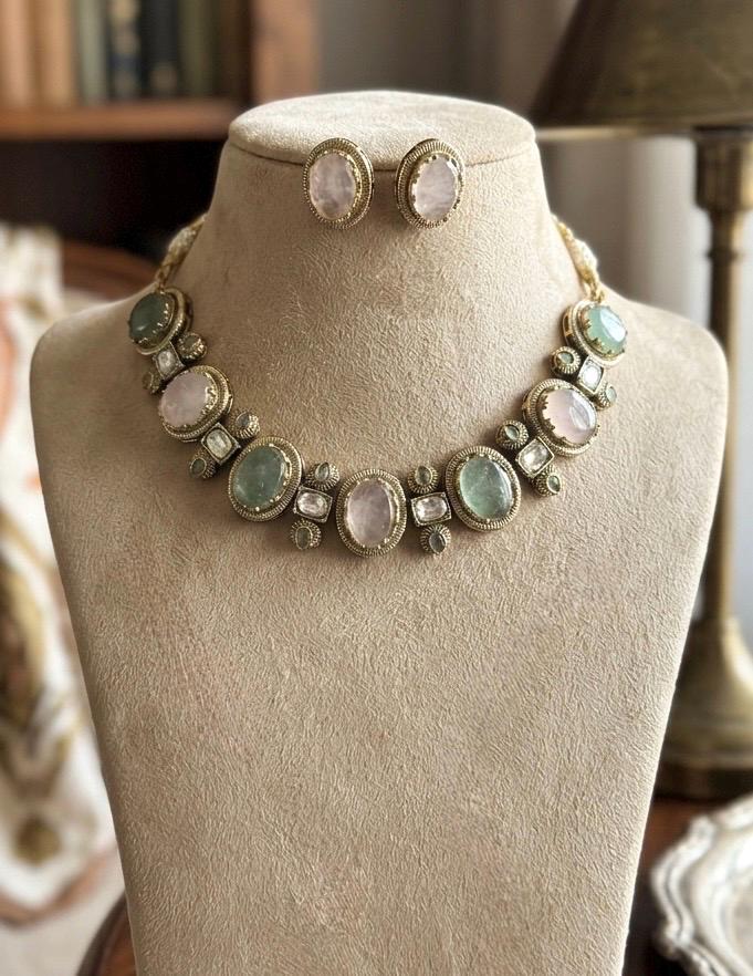 AZA Sabyasachi inspired rose quartz and pale green cabochon natural gemstones necklace with studs, Indian traditional jewelry,