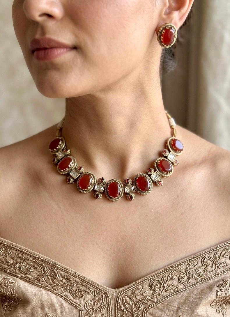 AZA Sabyasachi inspired deep amber cabochon natural gemstones necklace with studs, Indian traditional jewelry,