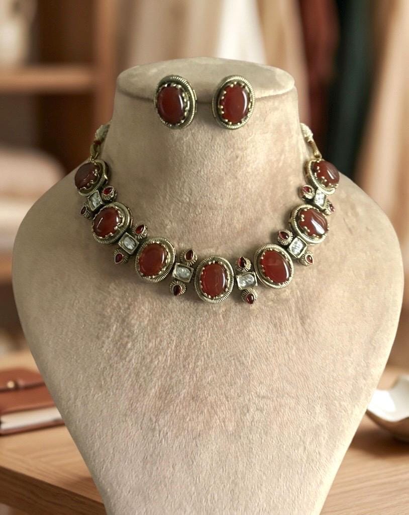 AZA Sabyasachi inspired deep amber cabochon natural gemstones necklace with studs, Indian traditional jewelry,