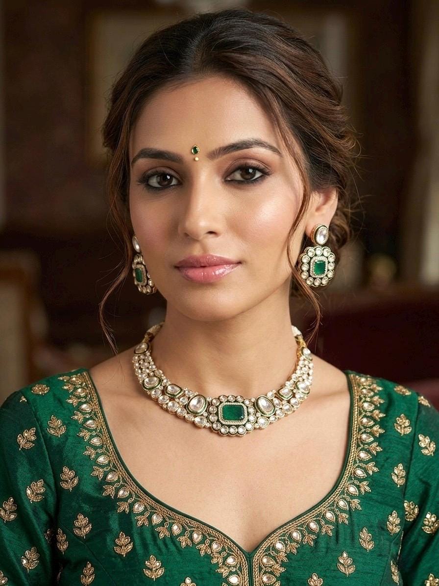 JAZMIN Premium quality Moissanite and kundan Necklace set in emerald green, Indian Pakistani wedding bridal jewelry