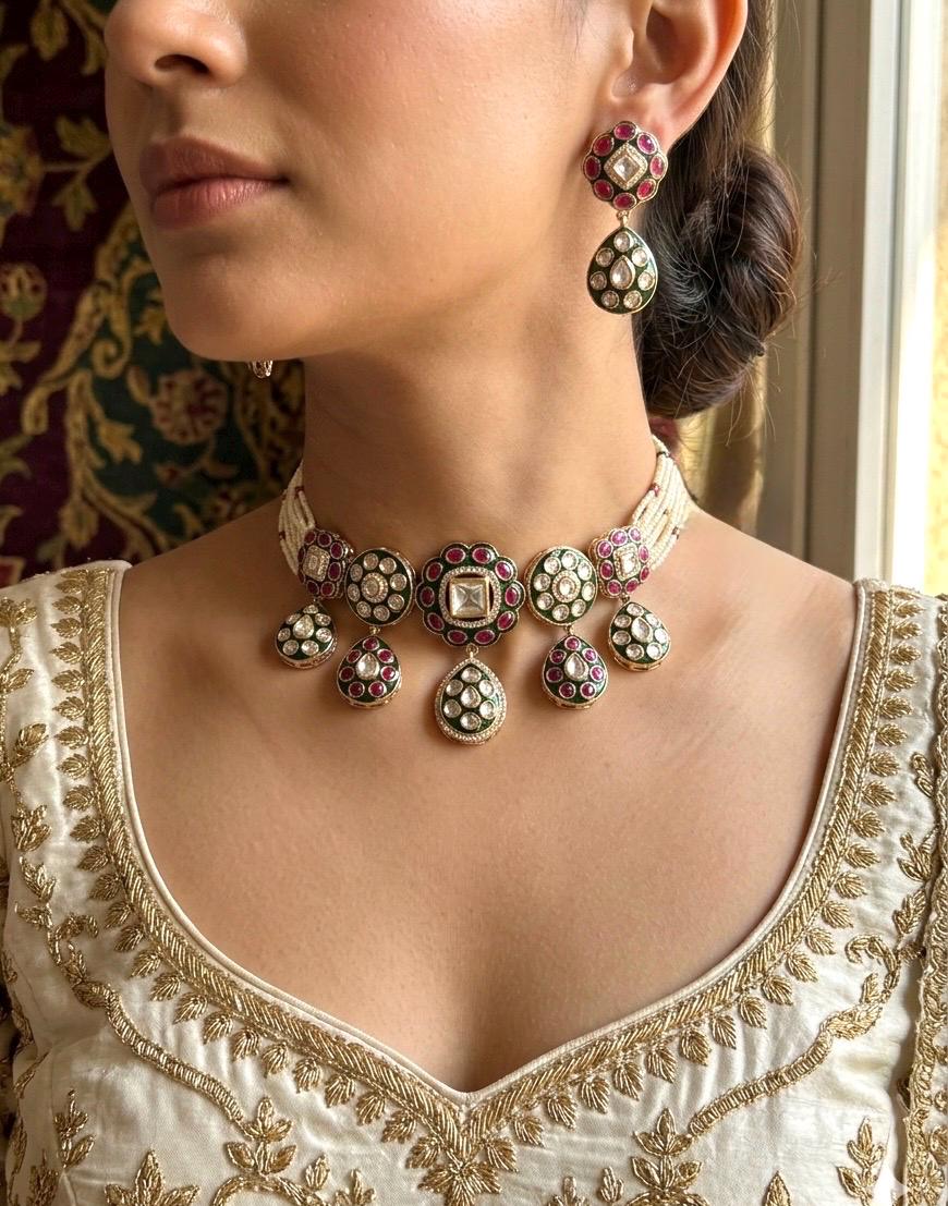 MAHVEEN Premium quality Moissanite and kundan Necklace set in ruby and emerald green, Indian Pakistani wedding bridal jewelry