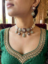 MAHVEEN Premium quality Moissanite and kundan Necklace set in ruby and emerald green, Indian Pakistani wedding bridal jewelry