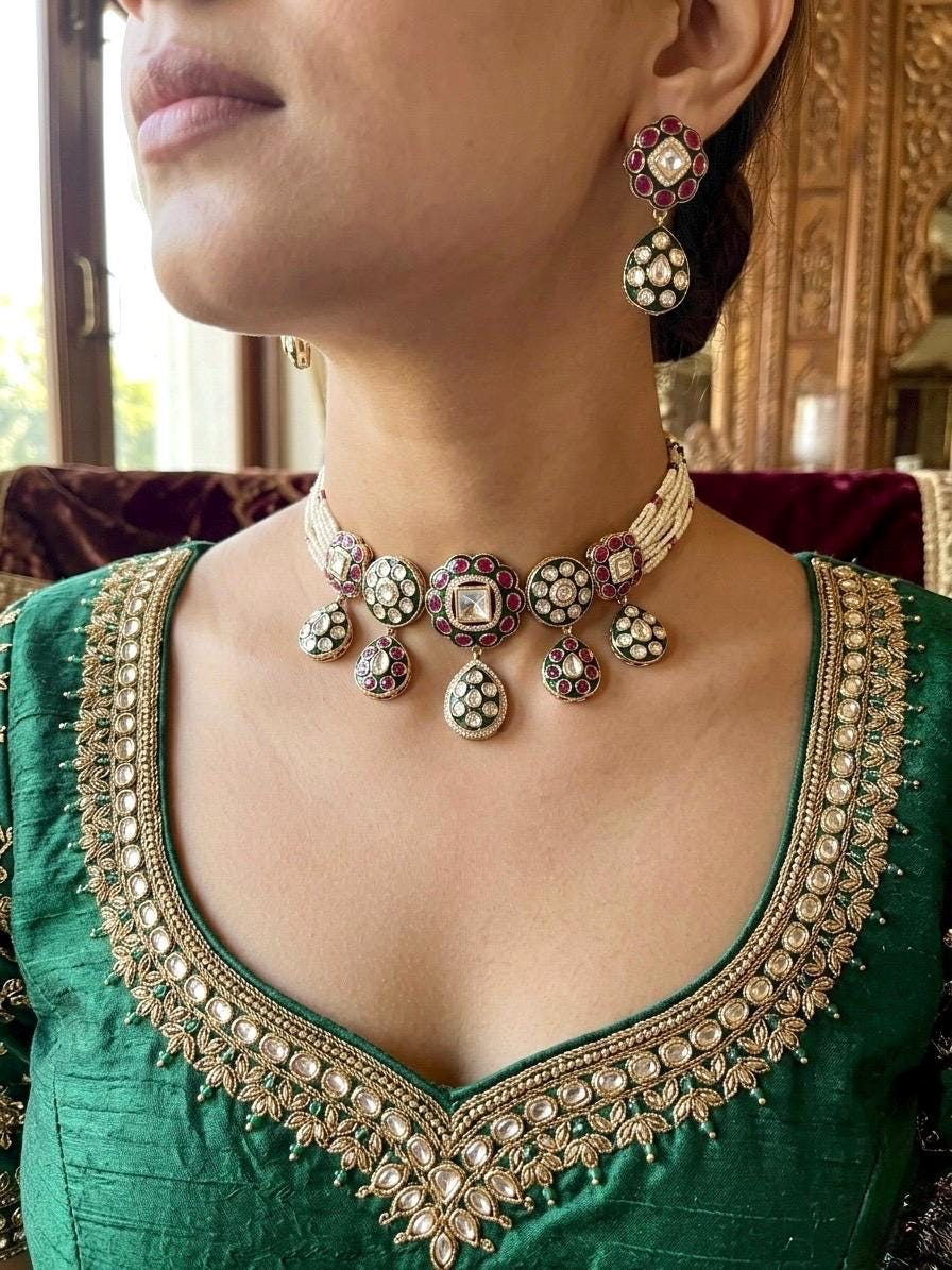 MAHVEEN Premium quality Moissanite and kundan Necklace set in ruby and emerald green, Indian Pakistani wedding bridal jewelry