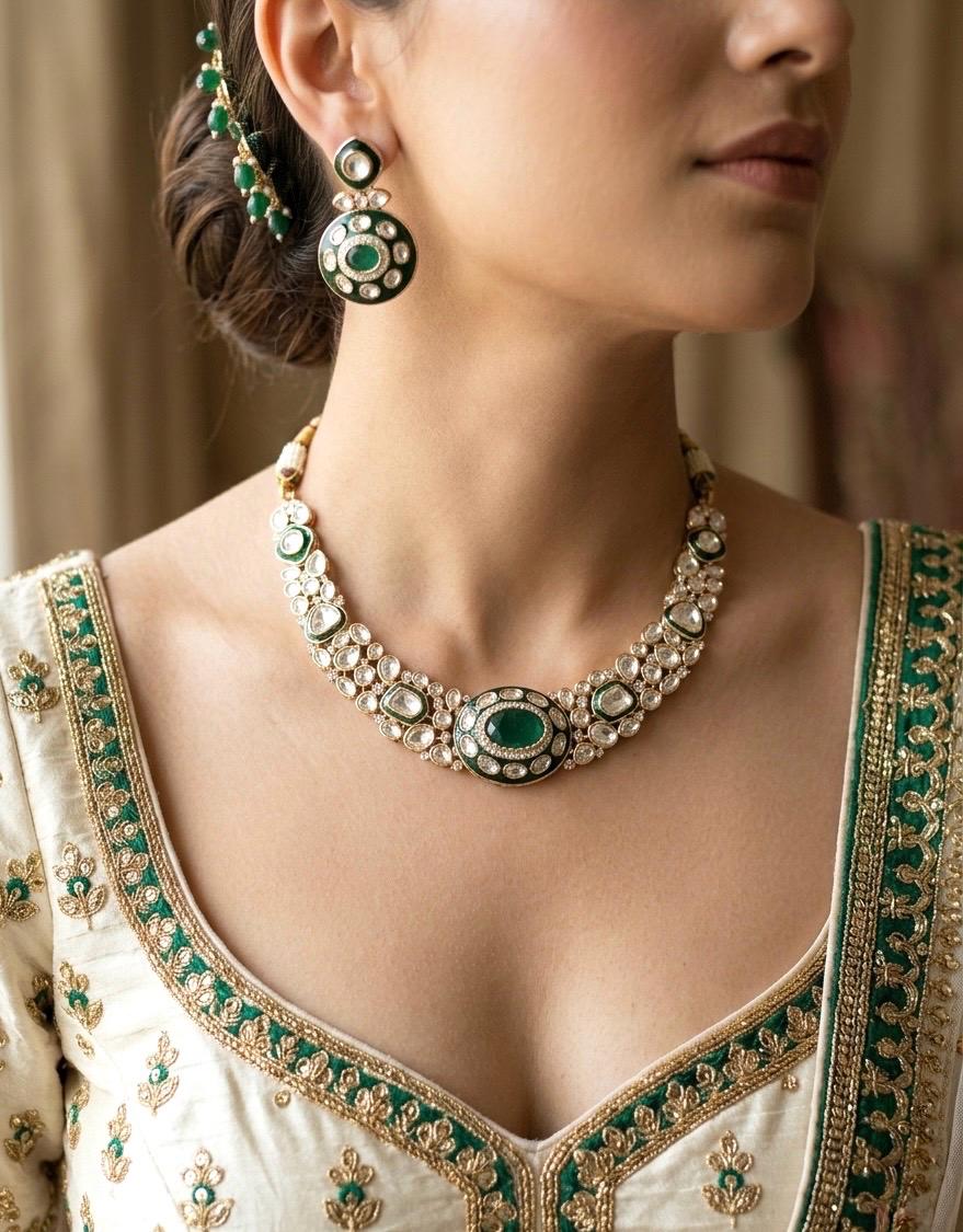 SEHMAT Premium quality Moissanite and kundan Necklace set in emerald green, Indian Pakistani wedding bridal jewelry