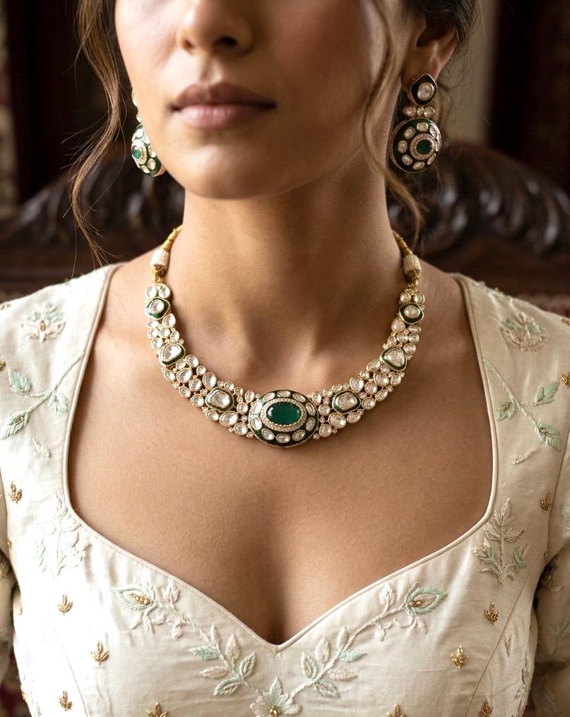 SEHMAT Premium quality Moissanite and kundan Necklace set in emerald green, Indian Pakistani wedding bridal jewelry