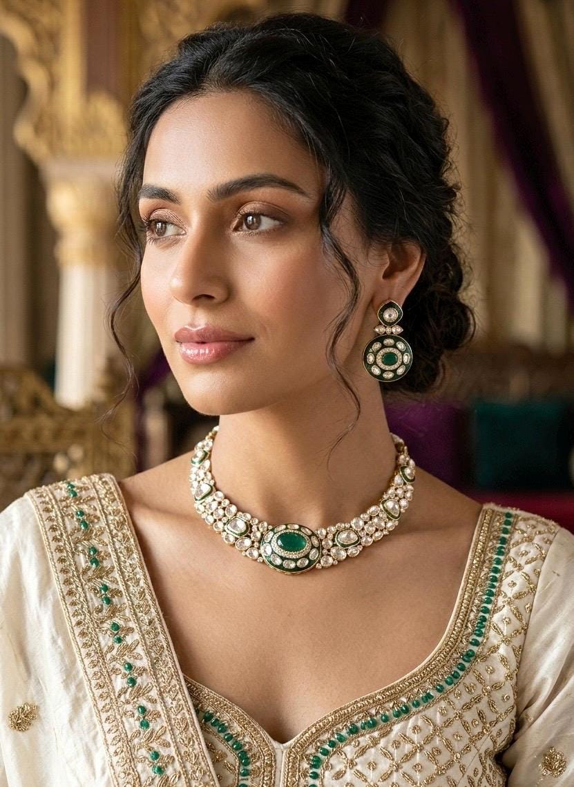 SEHMAT Premium quality Moissanite and kundan Necklace set in emerald green, Indian Pakistani wedding bridal jewelry