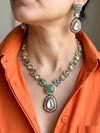 ROOHI Sabyasachi inspired multicoloured cabochon natural gemstones necklace with matching earrings,Indian traditional Navratna style jewelry