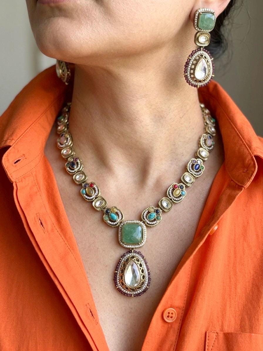 ROOHI Sabyasachi inspired multicoloured cabochon natural gemstones necklace with matching earrings,Indian traditional Navratna style jewelry