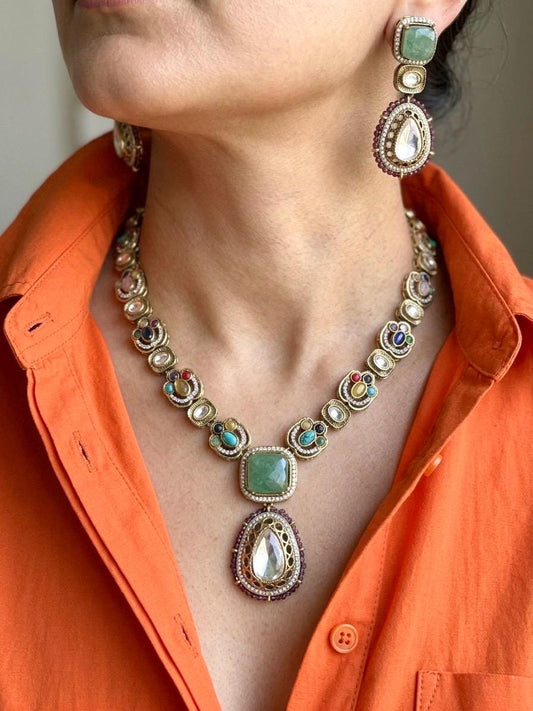 ROOHI Sabyasachi inspired multicoloured cabochon natural gemstones necklace with matching earrings,Indian traditional Navratna style jewelry