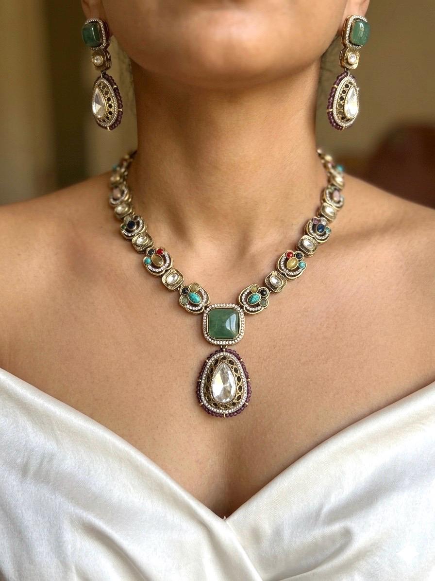 ROOHI Sabyasachi inspired multicoloured cabochon natural gemstones necklace with matching earrings,Indian traditional Navratna style jewelry
