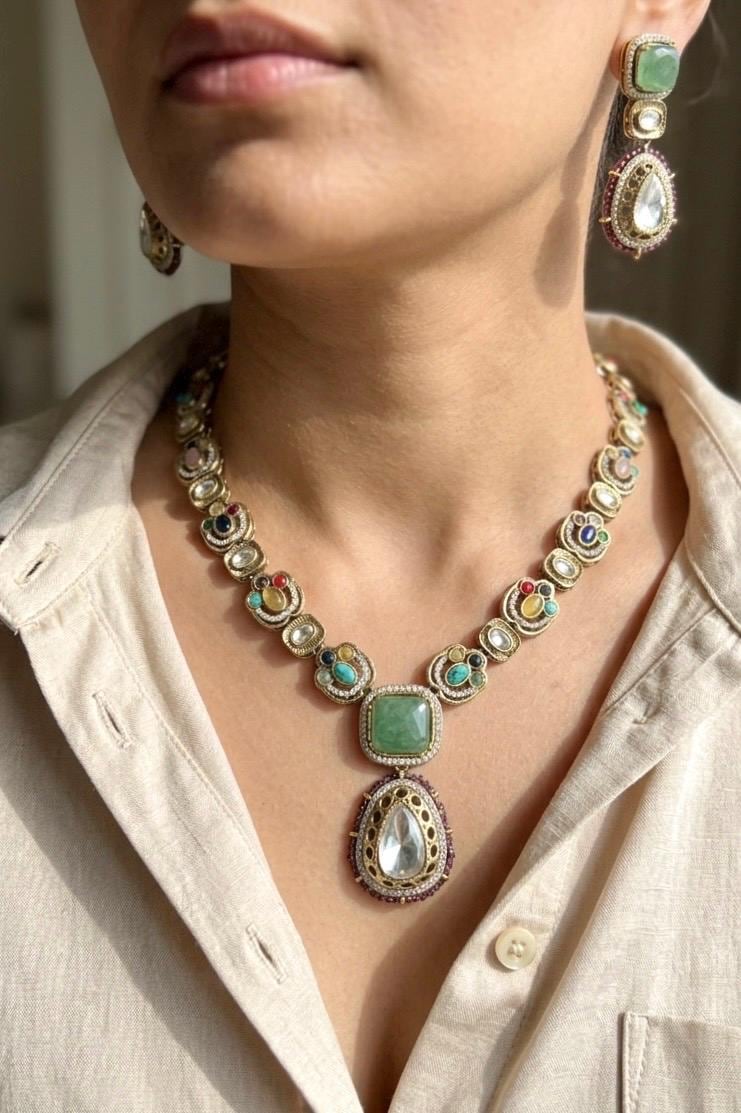 ROOHI Sabyasachi inspired multicoloured cabochon natural gemstones necklace with matching earrings,Indian traditional Navratna style jewelry