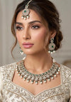 AYANA Green Kundan and moissanite replica necklace set with Maangtika, Indian Pakistani traditional green colour wedding bridal jewelry
