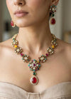 INARA Sabyasachi inspired Antique Gold Multi-Gemstone Necklace Set with Ruby red Drops,Indian Handcrafted Navratna-Style Jewelry