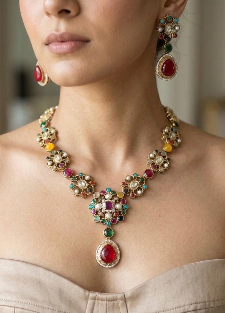 INARA Sabyasachi inspired Antique Gold Multi-Gemstone Necklace Set with Ruby red Drops,Indian Handcrafted Navratna-Style Jewelry
