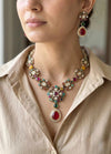 INARA Sabyasachi inspired Antique Gold Multi-Gemstone Necklace Set with Ruby red Drops,Indian Handcrafted Navratna-Style Jewelry