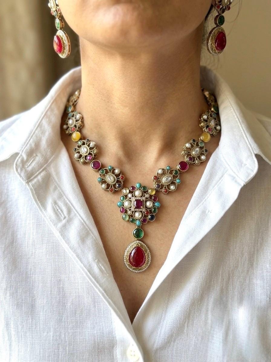 INARA Sabyasachi inspired Antique Gold Multi-Gemstone Necklace Set with Ruby red Drops,Indian Handcrafted Navratna-Style Jewelry