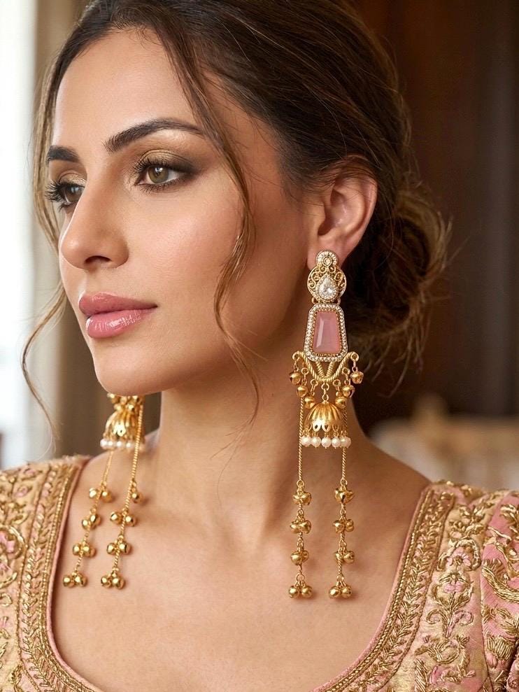 MRIGA light pink and golden Ghunghroo earrings, Kashmiri long statement earrings, Indian Pakistani ethnic tradition wedding jewelry