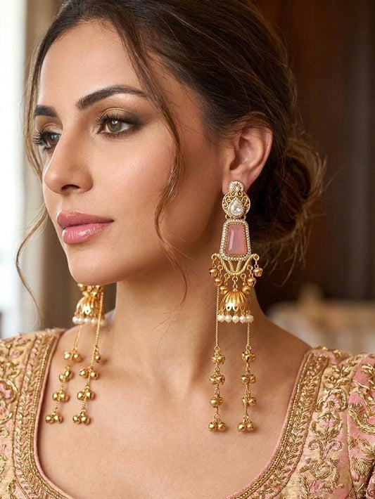 MRIGA light pink and golden Ghunghroo earrings, Kashmiri long statement earrings, Indian Pakistani ethnic tradition wedding jewelry