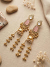 MRIGA light pink and golden Ghunghroo earrings, Kashmiri long statement earrings, Indian Pakistani ethnic tradition wedding jewelry