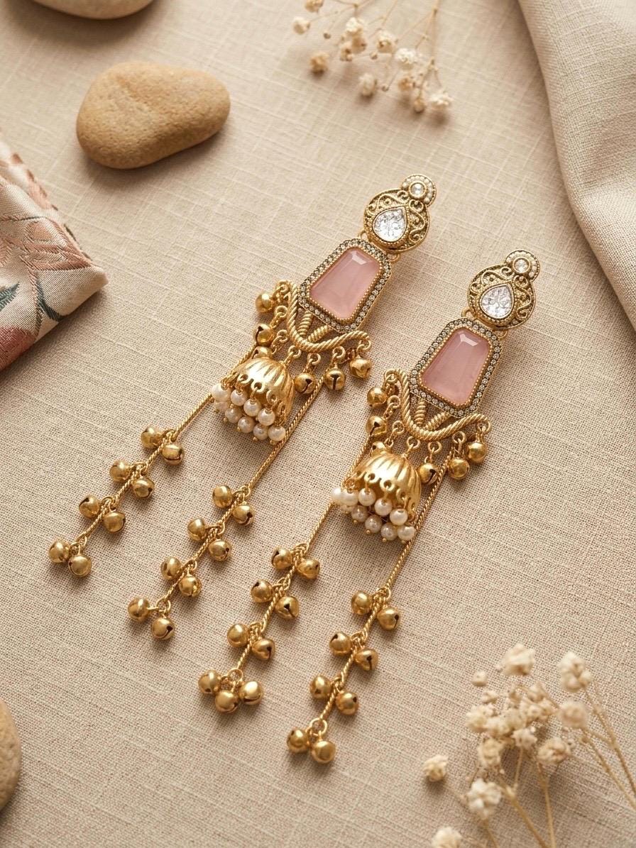 MRIGA light pink and golden Ghunghroo earrings, Kashmiri long statement earrings, Indian Pakistani ethnic tradition wedding jewelry