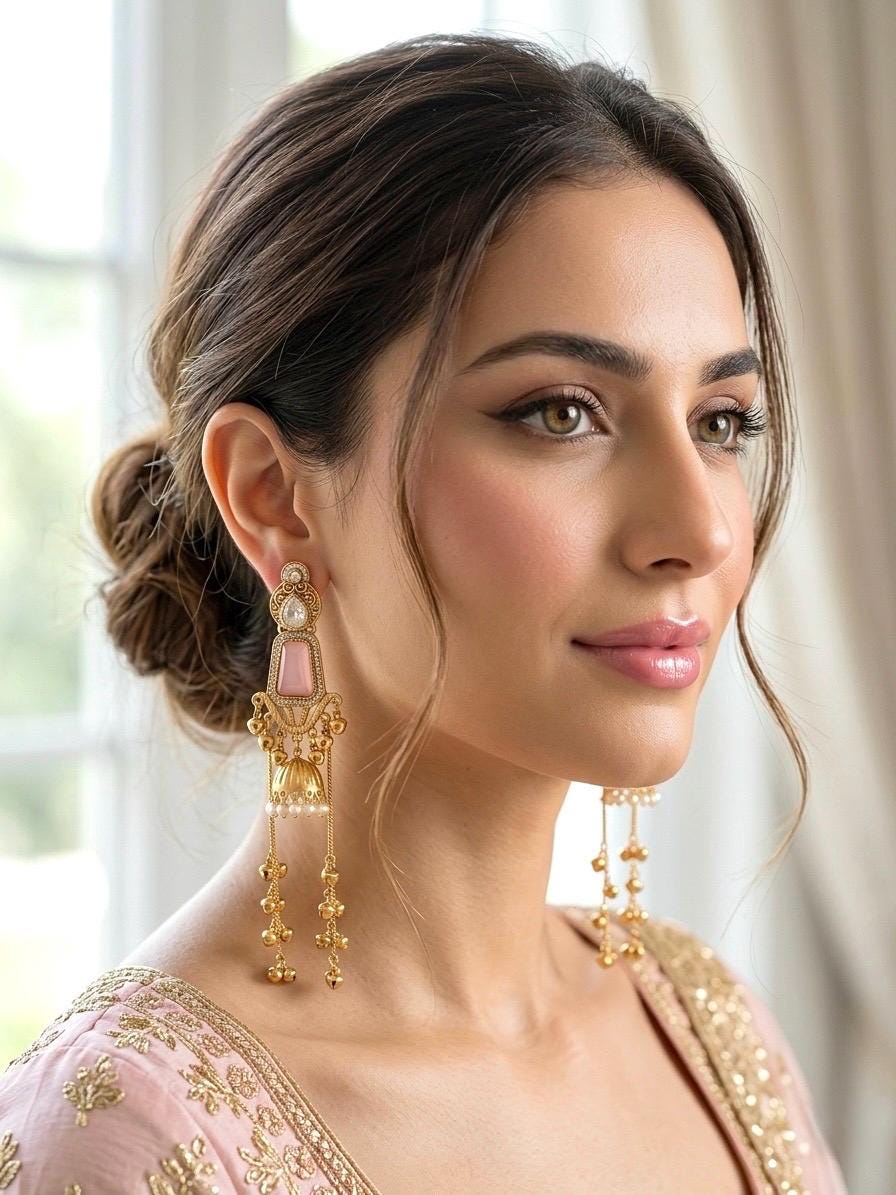 MRIGA light pink and golden Ghunghroo earrings, Kashmiri long statement earrings, Indian Pakistani ethnic tradition wedding jewelry