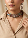 NIRAYA Sabyasachi inspired multicoloured  Regal kundan choker necklace with Earrings in antique golden finish,Navratna Vintage style jewelry