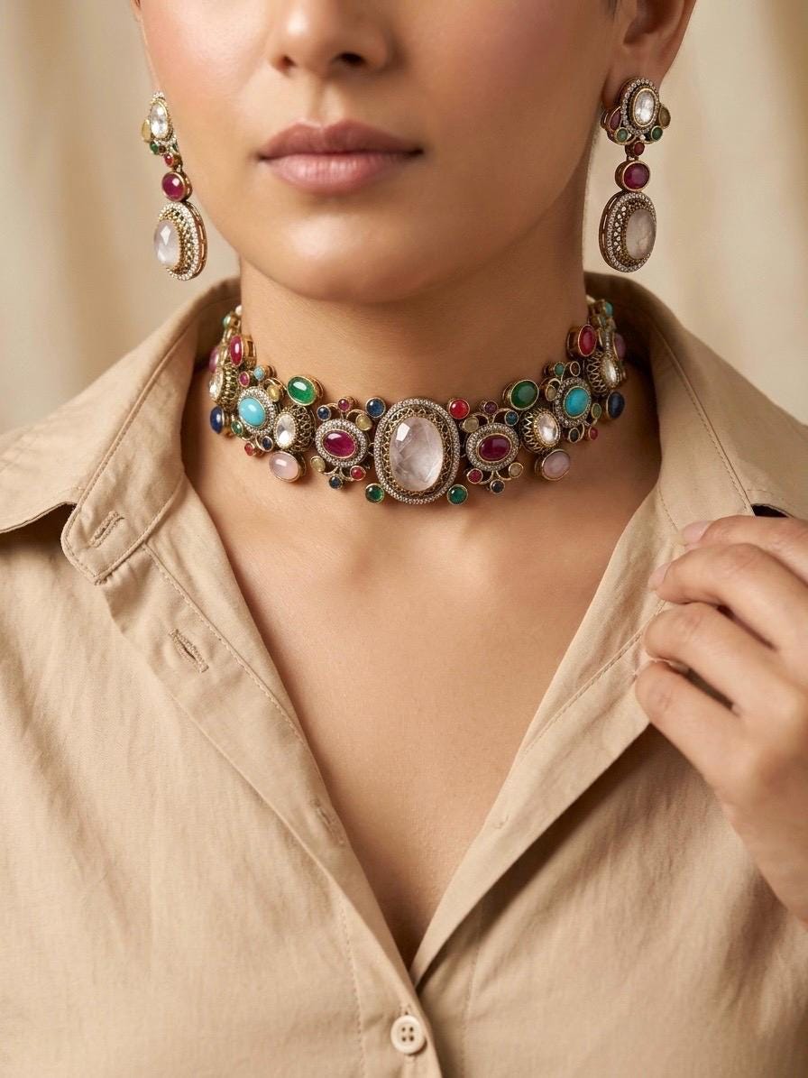 NIRAYA Sabyasachi inspired multicoloured  Regal kundan choker necklace with Earrings in antique golden finish,Navratna Vintage style jewelry