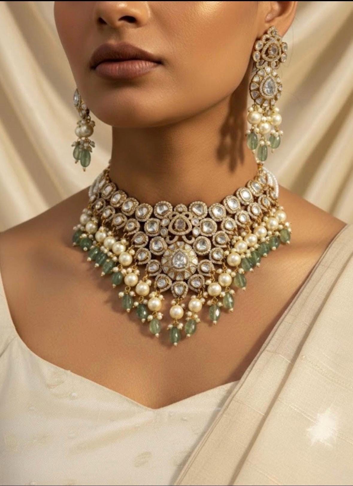 RANIA Sabyasachi inspired mint and golden cz   Polki Kundan choker necklace set, indian wedding Rajwada jewelry/ pakistani nikaah jewelry